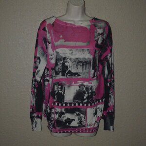 Sz S Printed Artworks Pink Black Vintage Films Graphic Long Sleeve Sweater